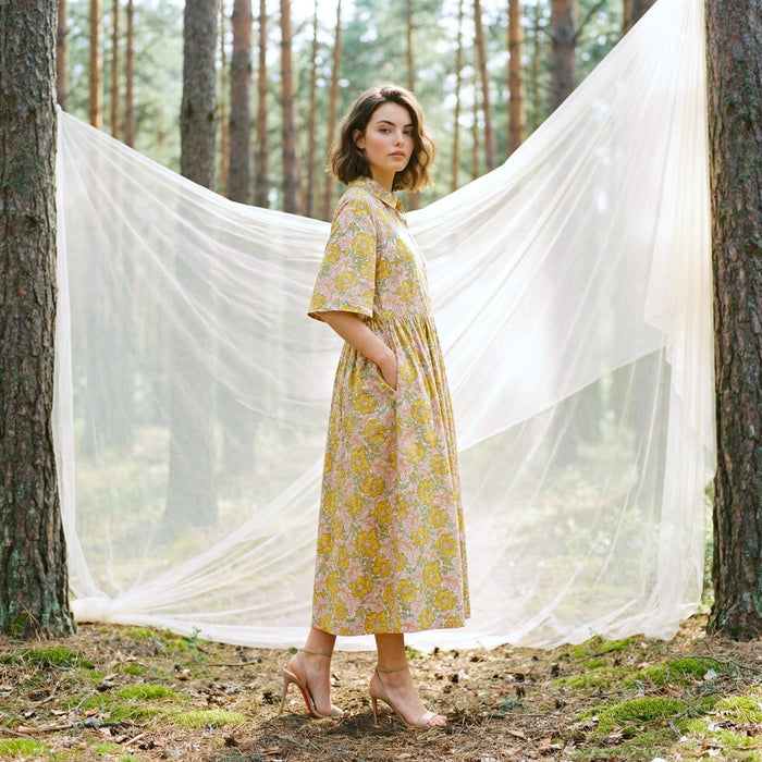 Liberty London Collared Kimono Sleeves Shirtdress, Handmade Botanical Womenswear, Sustainable Slow-fashioned Clothing, Personalised Dress