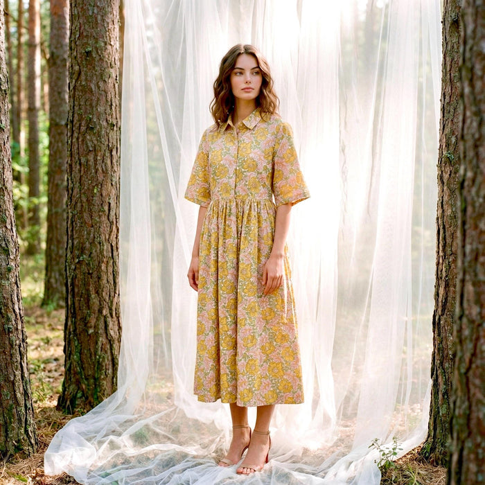 Liberty London Collared Kimono Sleeves Shirtdress, Handmade Botanical Womenswear, Sustainable Slow-fashioned Clothing, Personalised Dress