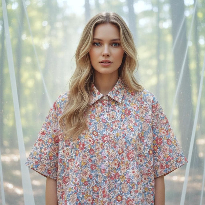 Liberty London Collared Shirt, Kimono Half-sleeved Blouse, Floral-Print Cotton Button-Up Chemise, Sustainable Handmade Womenswear