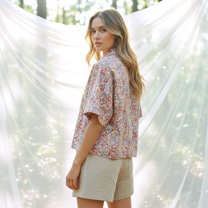 Liberty London Collared Shirt, Kimono Half-sleeved Blouse, Floral-Print Cotton Button-Up Chemise, Sustainable Handmade Womenswear