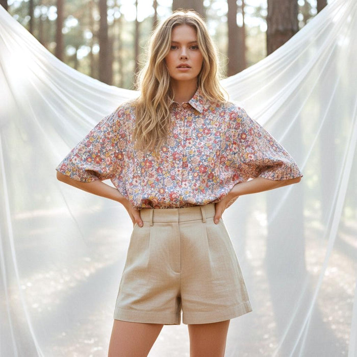Liberty London Collared Shirt, Kimono Half-sleeved Blouse, Floral-Print Cotton Button-Up Chemise, Sustainable Handmade Womenswear