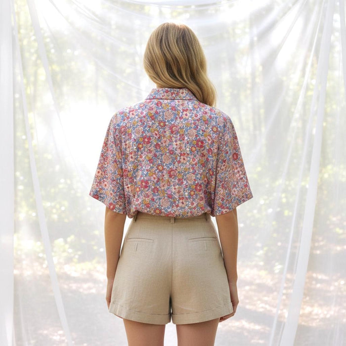 Liberty London Collared Shirt, Kimono Half-sleeved Blouse, Floral-Print Cotton Button-Up Chemise, Sustainable Handmade Womenswear