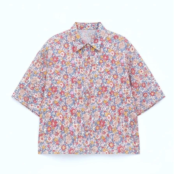 Liberty London Collared Shirt, Kimono Half-sleeved Blouse, Floral-Print Cotton Button-Up Chemise, Sustainable Handmade Womenswear