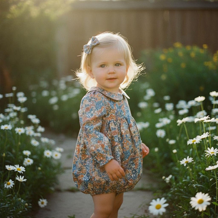 Liberty London Cotton Floral Print Baby Bubble Romper: Long Sleeve Playsuit, Peter Pan Collar