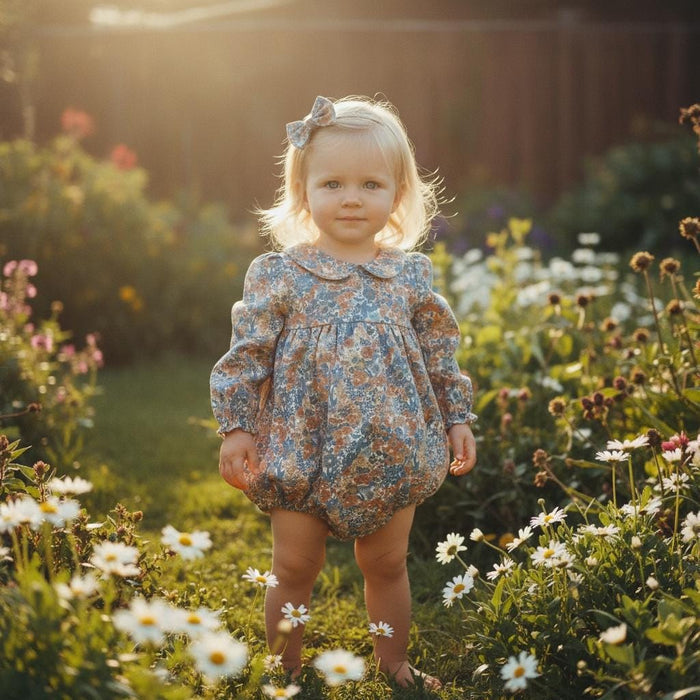 Liberty London Cotton Floral Print Baby Bubble Romper: Long Sleeve Playsuit, Peter Pan Collar
