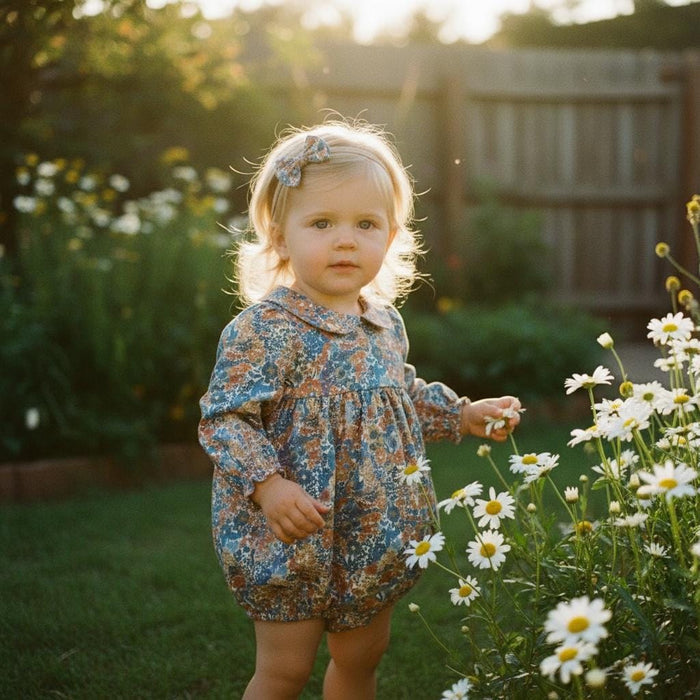Liberty London Cotton Floral Print Baby Bubble Romper: Long Sleeve Playsuit, Peter Pan Collar