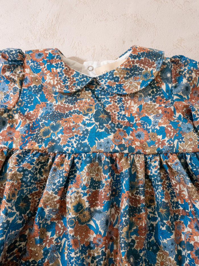 Liberty London Cotton Floral Print Baby Bubble Romper: Long Sleeve Playsuit, Peter Pan Collar