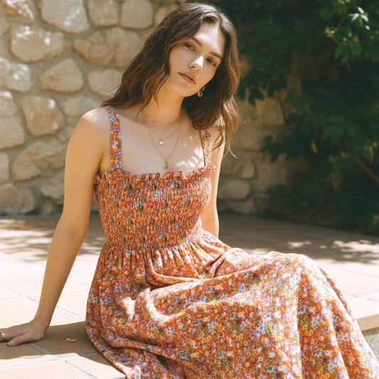 Liberty London Cotton Midi Sun Dress, Shirred Floral Smock, Summer Botanical Print