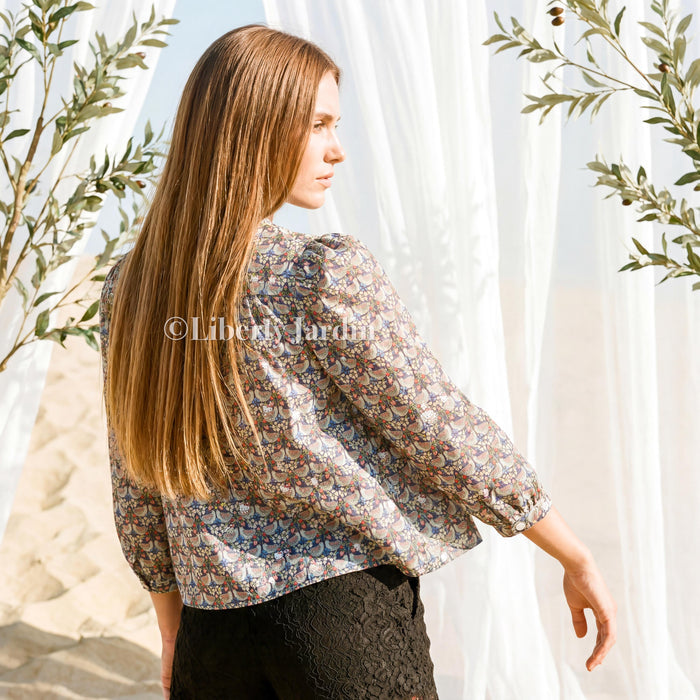Liberty London Crop-top Blouse, Handmade Ethical-wear, Sustainable Clothing, Personalised Womenswear, Mandarin Collared Button-up Sleeves