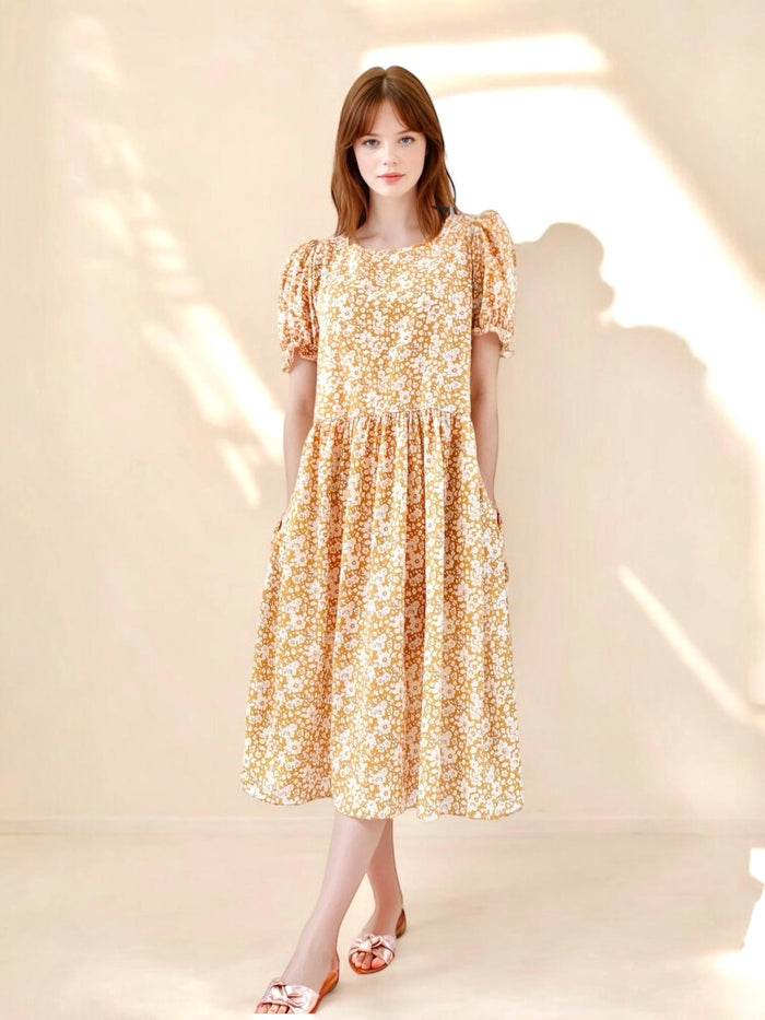 Liberty London Ditsy Floral Midi Dress: Scoop Neck, Short Puffy Sleeves, Lace Ties