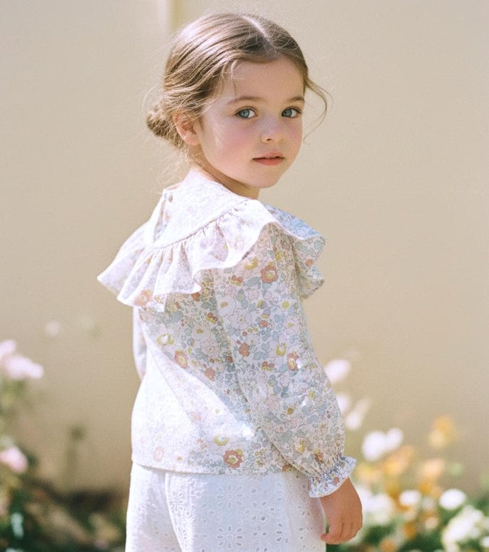 Liberty London Ditsy Floral Print Blouse, Ruffle Yoke Pastel Tana Lawn Cotton Handmade Top