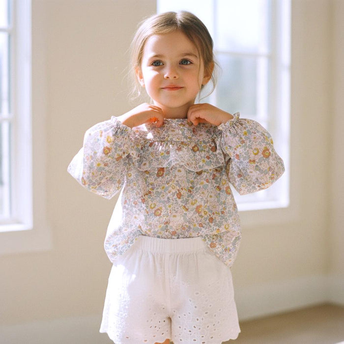 Liberty London Ditsy Floral Print Blouse, Ruffle Yoke Pastel Tana Lawn Cotton Handmade Top