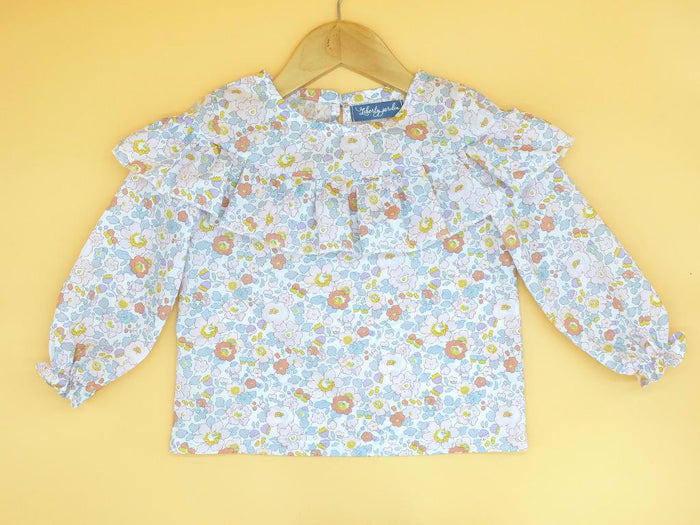 Liberty London Ditsy Floral Print Blouse, Ruffle Yoke Pastel Tana Lawn Cotton Handmade Top