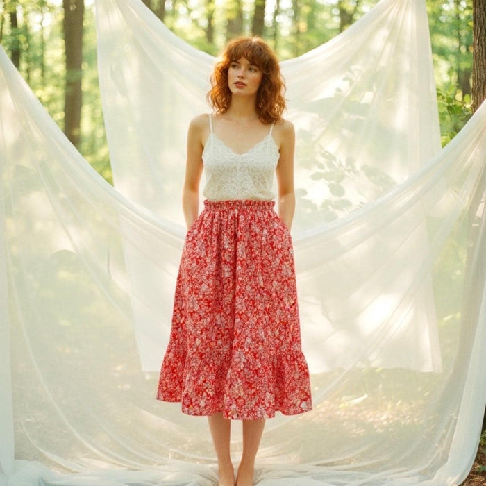 Liberty London Ditsy Floral Tiered Midi Skirt, Handmade Cotton Tana Lawn, Ruffle Waist