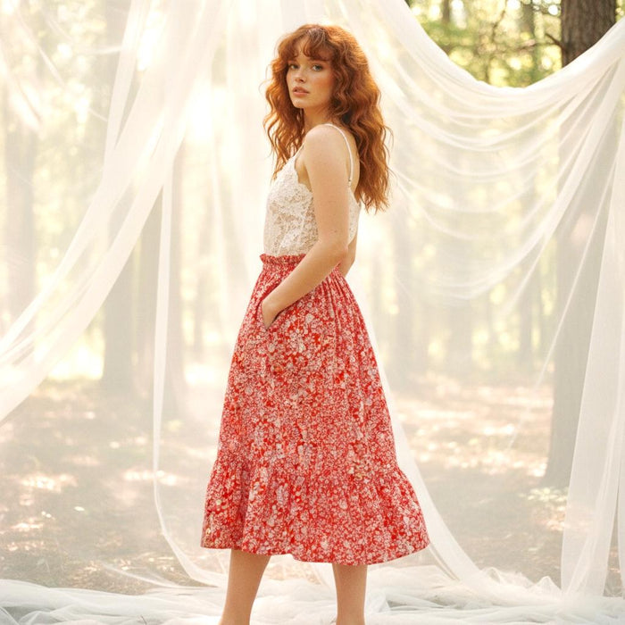 Liberty London Ditsy Floral Tiered Midi Skirt, Handmade Cotton Tana Lawn, Ruffle Waist