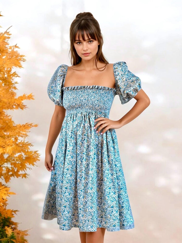 Liberty London Ditsy Milkmaid Smock Dress: Short Puffy Sleeves, Shirred Midi Floral Dress