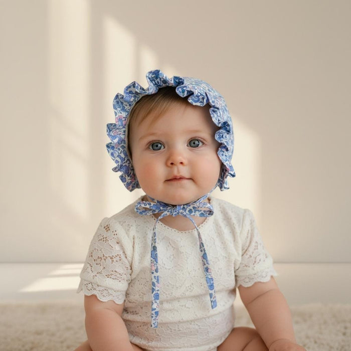 Liberty London Floral Baby Bonnet, Ruffle Sun Hat, Tana Lawn Cotton