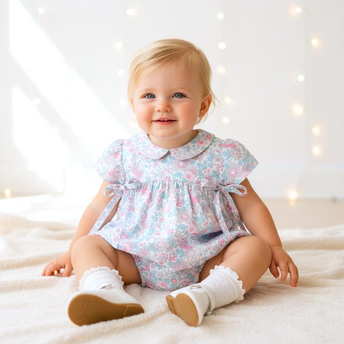 Liberty London Floral Bubble Romper, Pastel Pink Blue, Peter Pan Collar Sunsuit