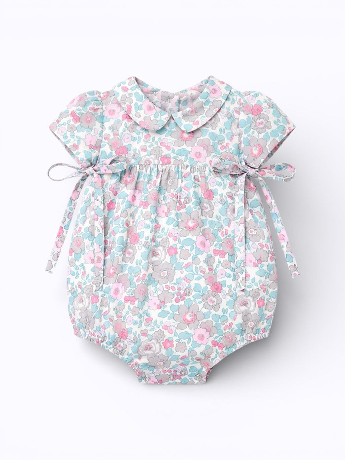Liberty London Floral Bubble Romper, Pastel Pink Blue, Peter Pan Collar Sunsuit