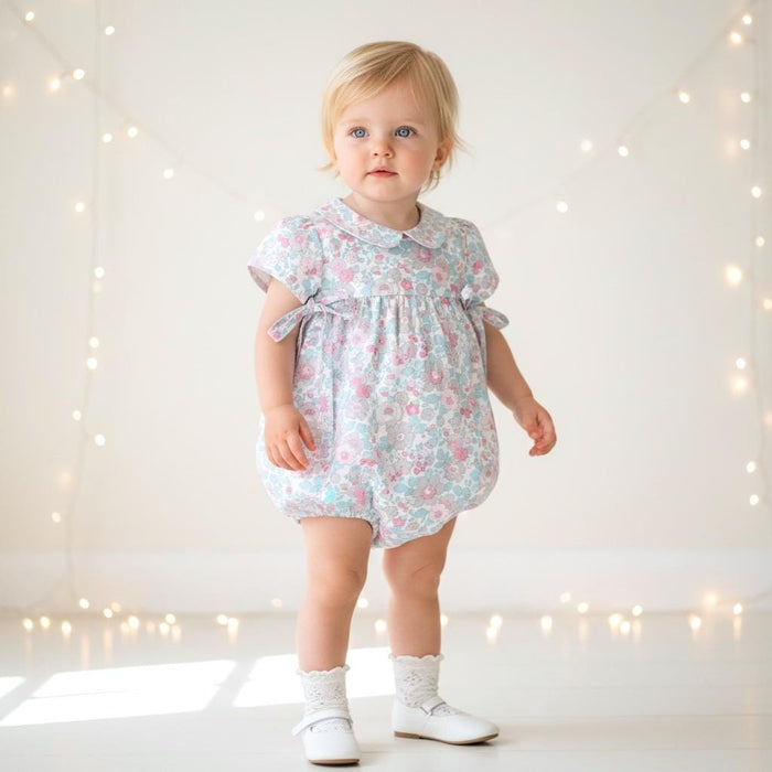 Liberty London Floral Bubble Romper, Pastel Pink Blue, Peter Pan Collar Sunsuit