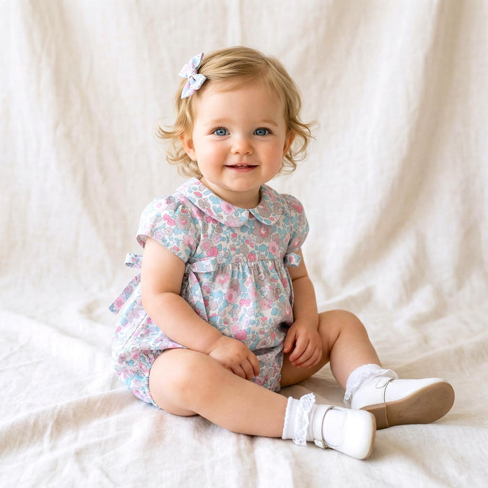 Liberty London Floral Bubble Romper, Pastel Pink Blue, Peter Pan Collar Sunsuit
