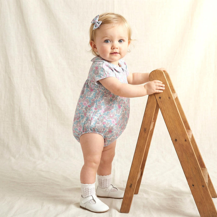 Liberty London Floral Bubble Romper, Pastel Pink Blue, Peter Pan Collar Sunsuit