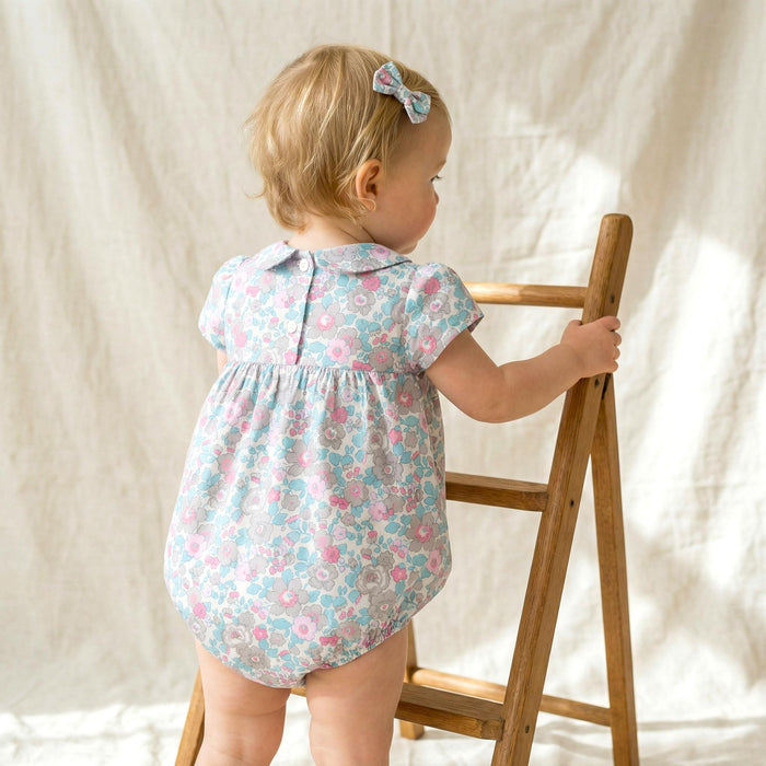 Liberty London Floral Bubble Romper, Pastel Pink Blue, Peter Pan Collar Sunsuit