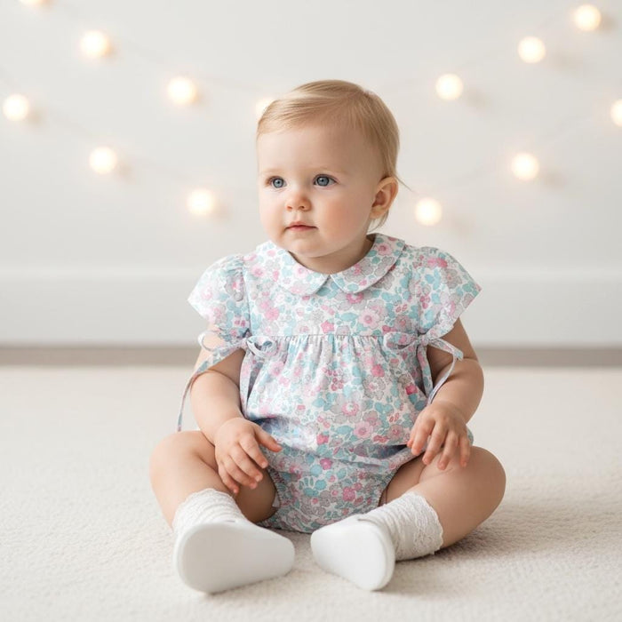 Liberty London Floral Bubble Romper, Pastel Pink Blue, Peter Pan Collar Sunsuit