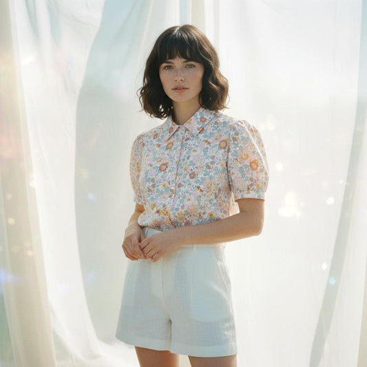 Liberty London Floral Cotton Puff Sleeve Blouse, Pastel Ditsy Print Shirt