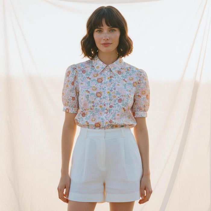 Liberty London Floral Cotton Puff Sleeve Blouse, Pastel Ditsy Print Shirt