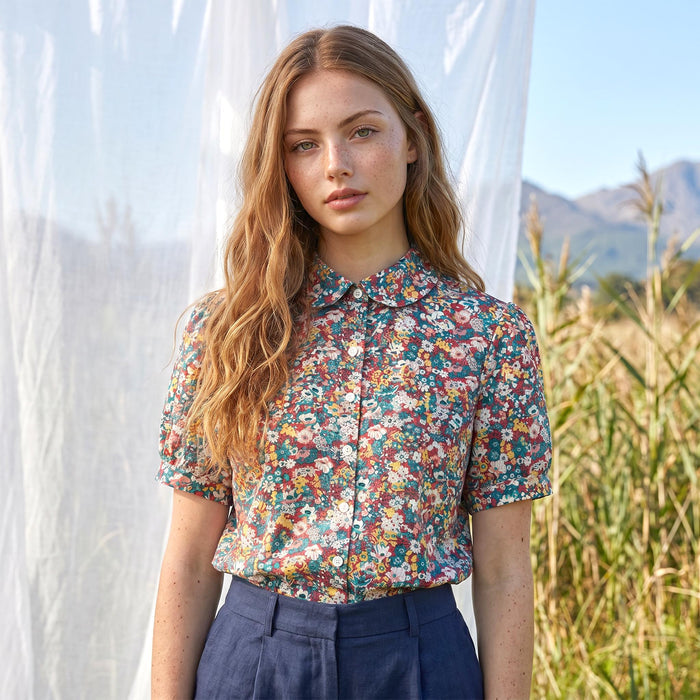 Liberty London Floral Cotton Shirt, Peter Pan Collar, Short Sleeves, Botanical Print Womenswear