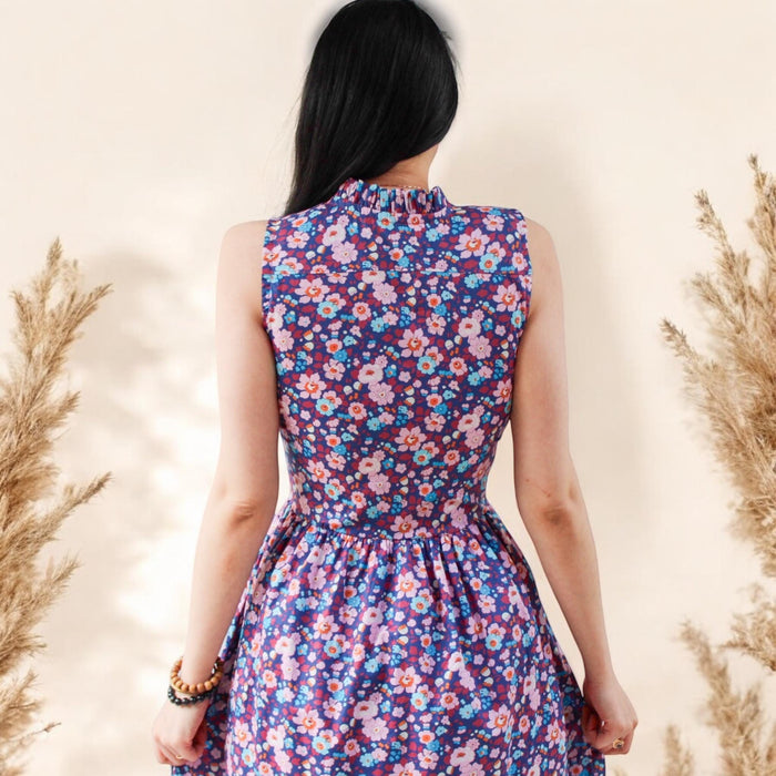 Liberty London Floral Midi Dress, Ruffle Collar Sleeveless Cotton Sun Dress, Size US 4