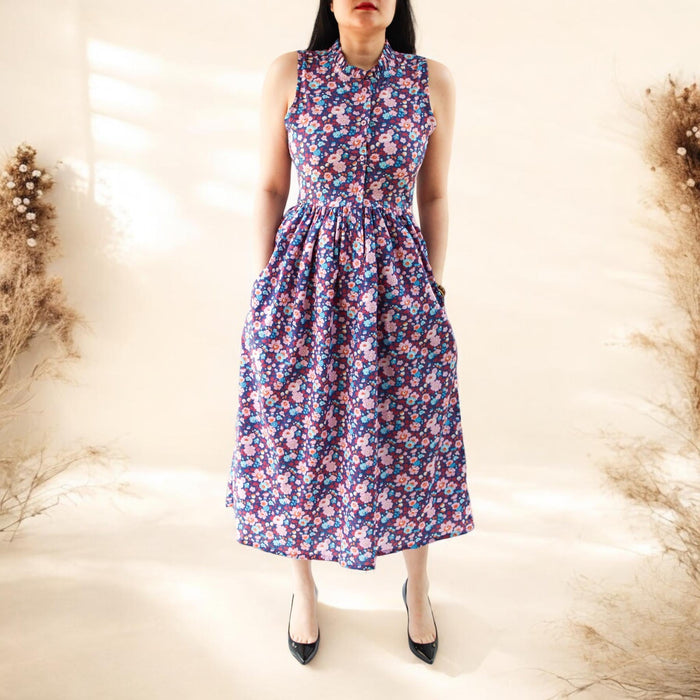 Liberty London Floral Midi Dress, Ruffle Collar Sleeveless Cotton Sun Dress, Size US 4