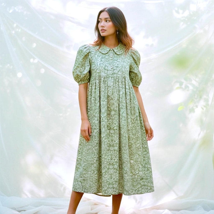 Liberty London Floral Midi Dress, Smock Silhouette, Puffed Sleeves, 100% Cotton Tana Lawn