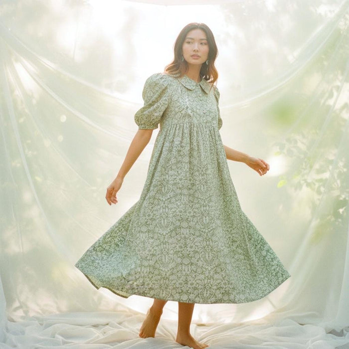 Liberty London Floral Midi Dress, Smock Silhouette, Puffed Sleeves, 100% Cotton Tana Lawn
