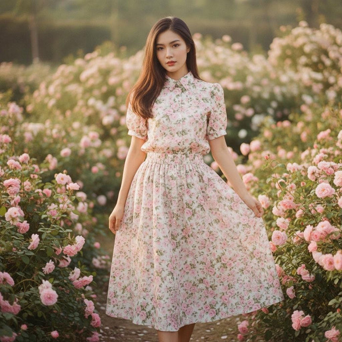 Liberty London Floral Midi Skirt, Pink Rose Print Cotton Lawn, Handmade