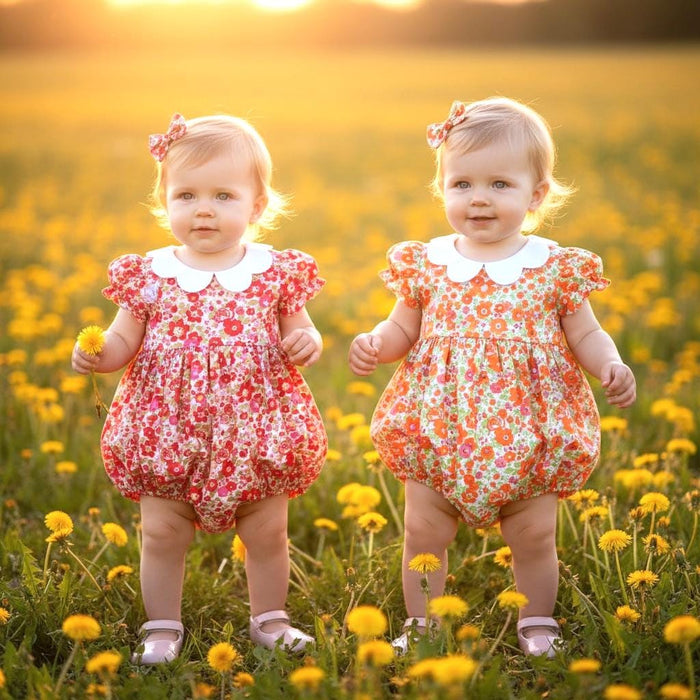Liberty London Floral Print Baby Bubble Romper: Puffy Balloon Sleeves, Scalloped Collar