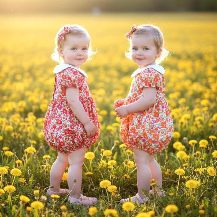 Liberty London Floral Print Baby Bubble Romper: Puffy Balloon Sleeves, Scalloped Collar