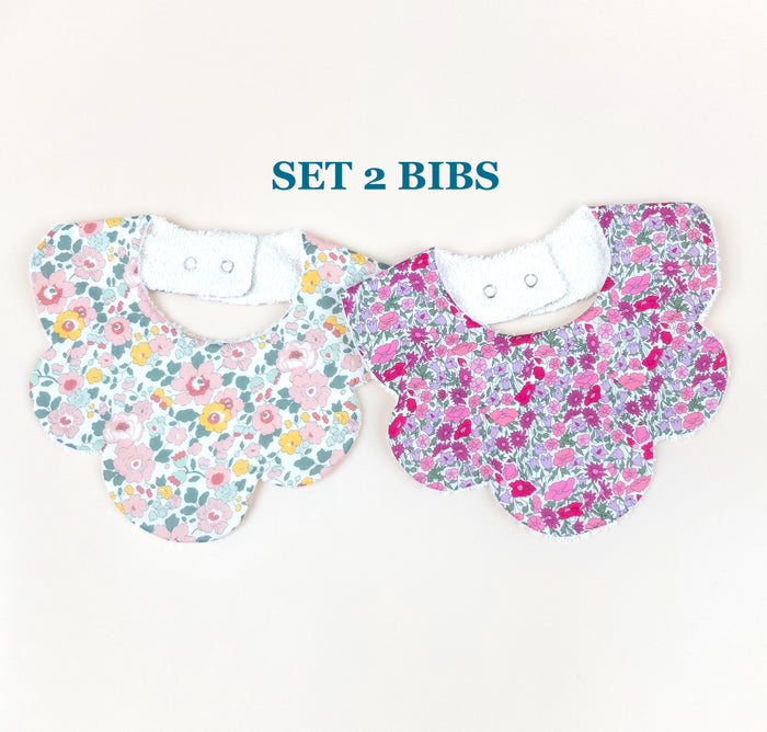 Liberty London Floral Print Bib Set, Pink Beige Disty Handmade Drool Catcher, Burping Cloth