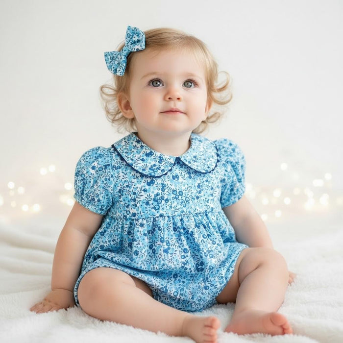 Liberty London Floral Print Blue Bubble Romper, Peter Pan Collar Short Sleeves Handmade Sunsuit