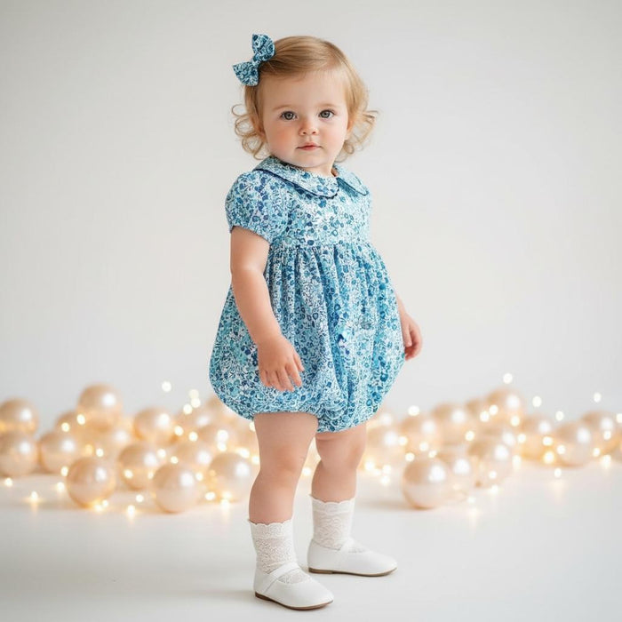 Liberty London Floral Print Blue Bubble Romper, Peter Pan Collar Short Sleeves Handmade Sunsuit