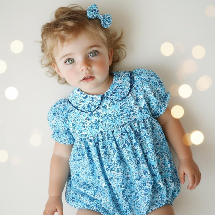Liberty London Floral Print Blue Bubble Romper, Peter Pan Collar Short Sleeves Handmade Sunsuit
