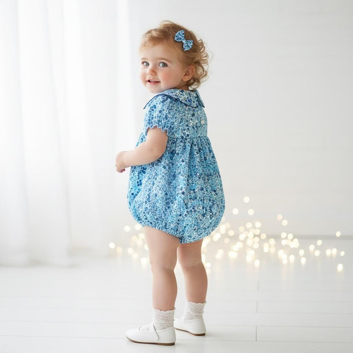 Liberty London Floral Print Blue Bubble Romper, Peter Pan Collar Short Sleeves Handmade Sunsuit