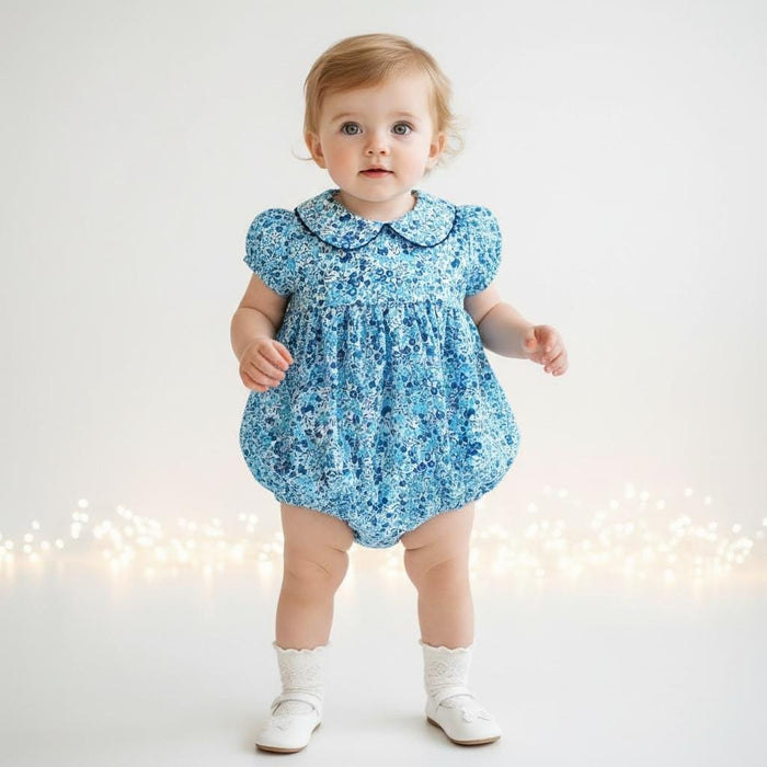 Liberty London Floral Print Blue Bubble Romper, Peter Pan Collar Short Sleeves Handmade Sunsuit