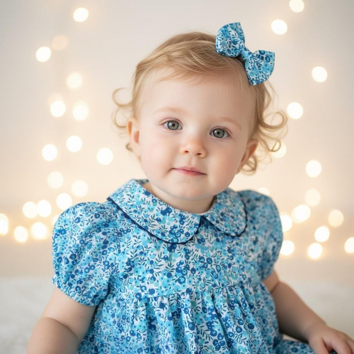 Liberty London Floral Print Blue Bubble Romper, Peter Pan Collar Short Sleeves Handmade Sunsuit