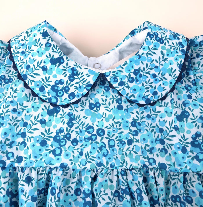 Liberty London Floral Print Blue Bubble Romper, Peter Pan Collar Short Sleeves Handmade Sunsuit