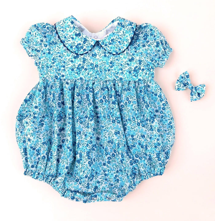 Liberty London Floral Print Blue Bubble Romper, Peter Pan Collar Short Sleeves Handmade Sunsuit