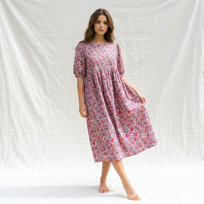 Liberty London Floral-Print Botanical Smock Short-sleeved Midi Dress, Handmade Sustainable Womenswear, Eco-friendly Clothing