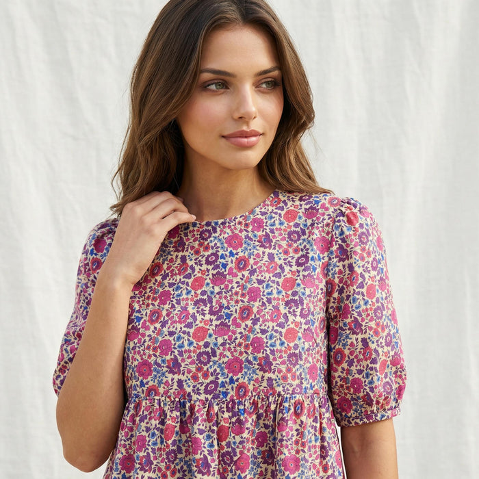 Liberty London Floral-Print Botanical Smock Short-sleeved Midi Dress, Handmade Sustainable Womenswear, Eco-friendly Clothing