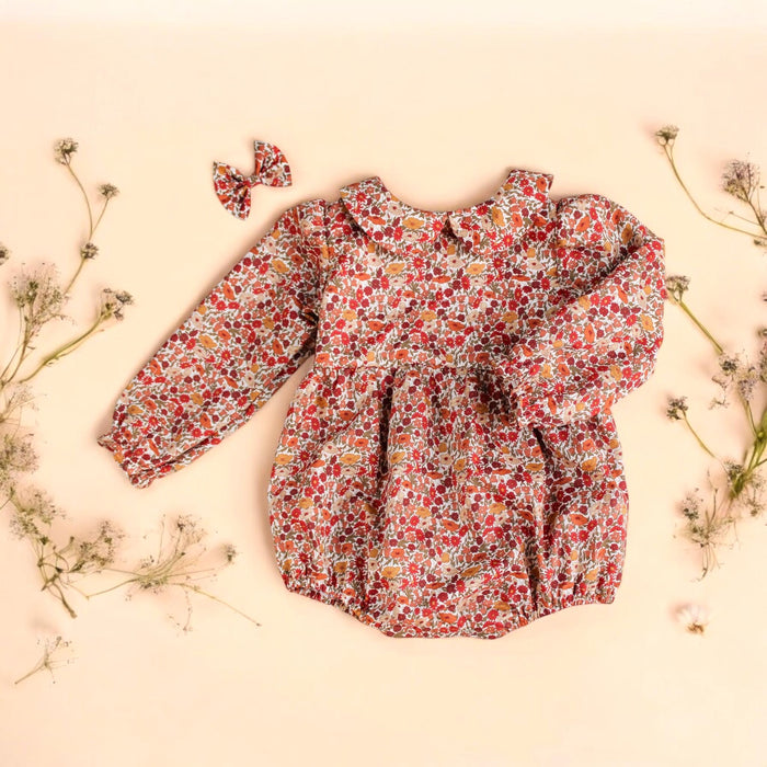 Liberty London Floral Print Bubble Playsuit: Long Sleeve Romper, Peter Pan Collar